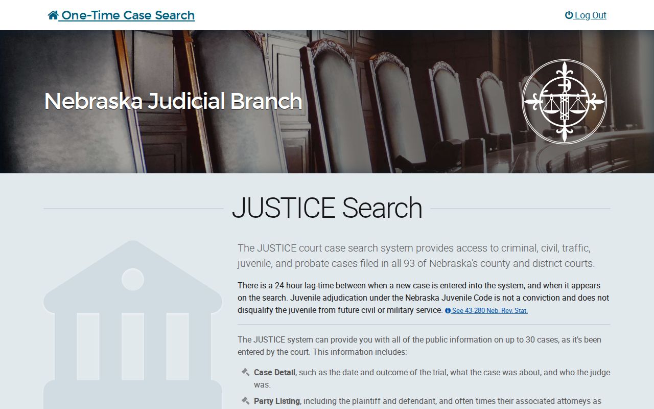 Nebraska JUSTICE search for Logan County court booking disposition